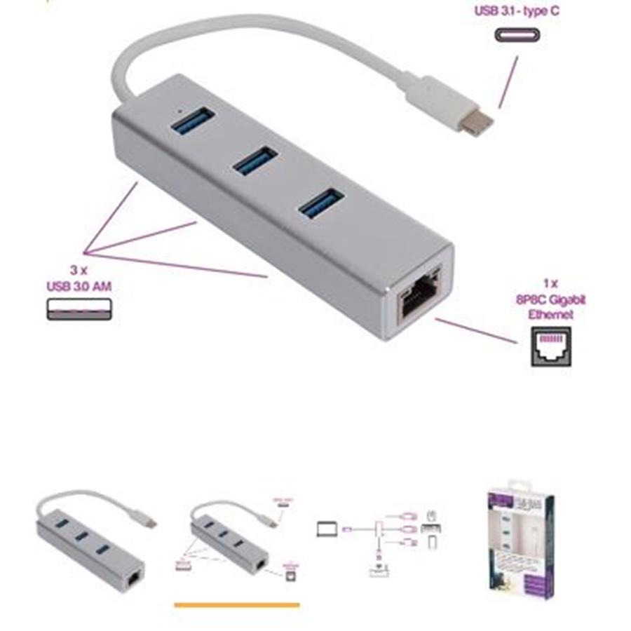 ADAPTADOR - USB - C PARA ETHERNET GIGABIT + 3 PORTAS USB