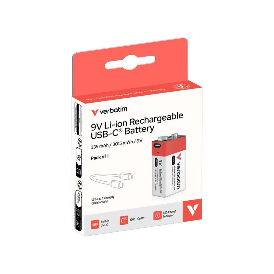 PILHAS RECARREGÁVEIS 6LR61 9V USB-C 335MAH VERBATIM 1UN PILHAS RECARREGÁVEIS 6LR61 9V USB-C 335MAH VERBATIM 1UN