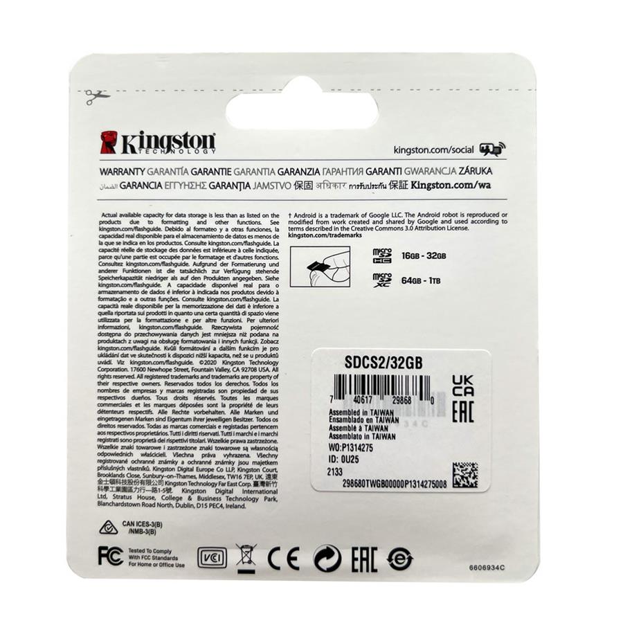 KINGSTON - CARTÃO MEMÓRIA MICRO 32GB