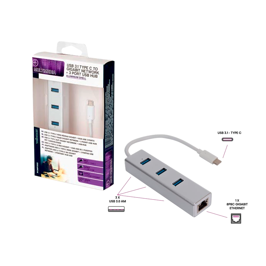 ADAPTADOR - USB - C PARA ETHERNET GIGABIT + 3 PORTAS USB ADAPTADOR - USB - C PARA ETHERNET GIGABIT + 3 PORTAS USB